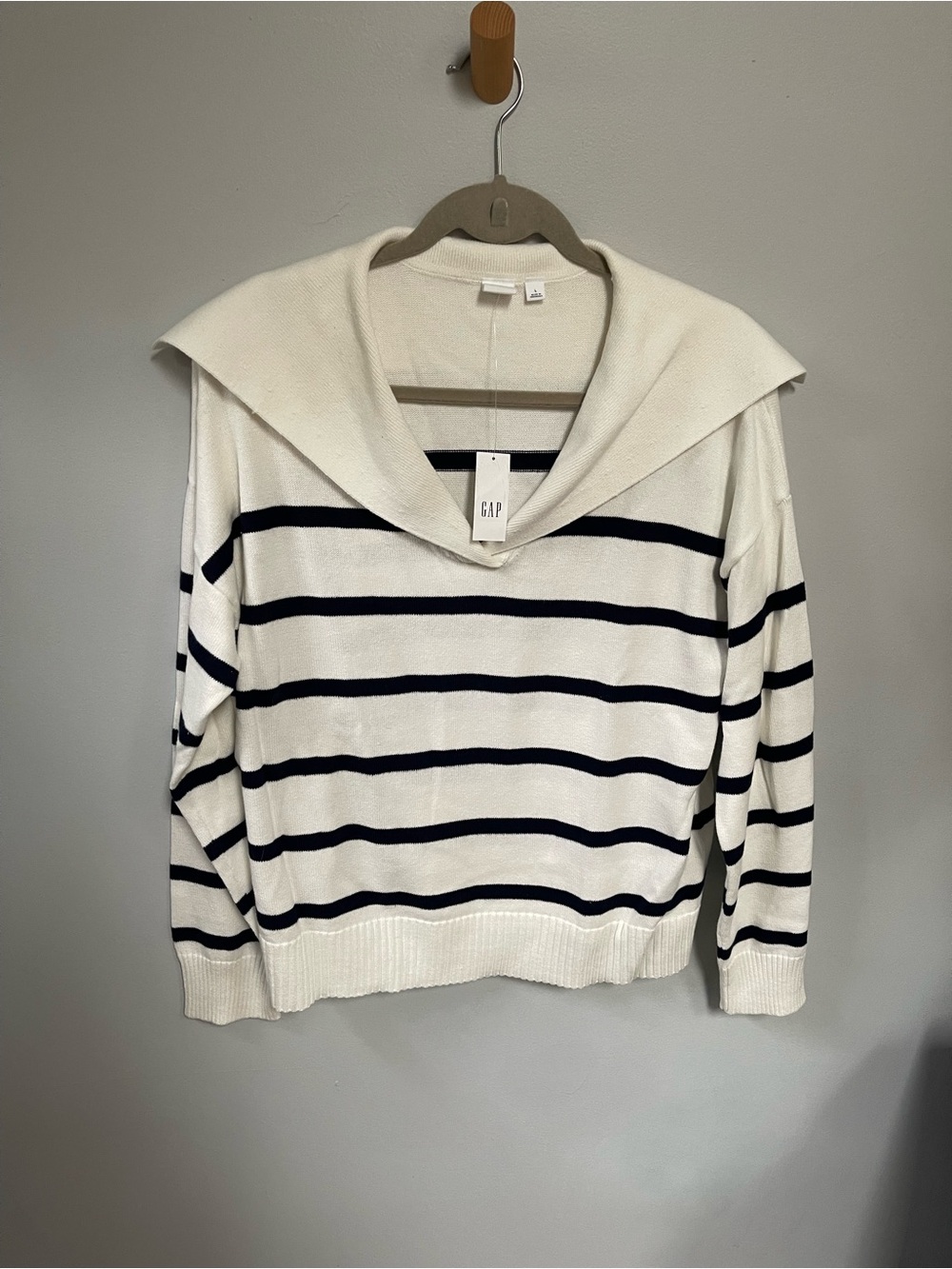 GAP Cream and Navy Striped Off-the-Shoulder Sailor Sweater